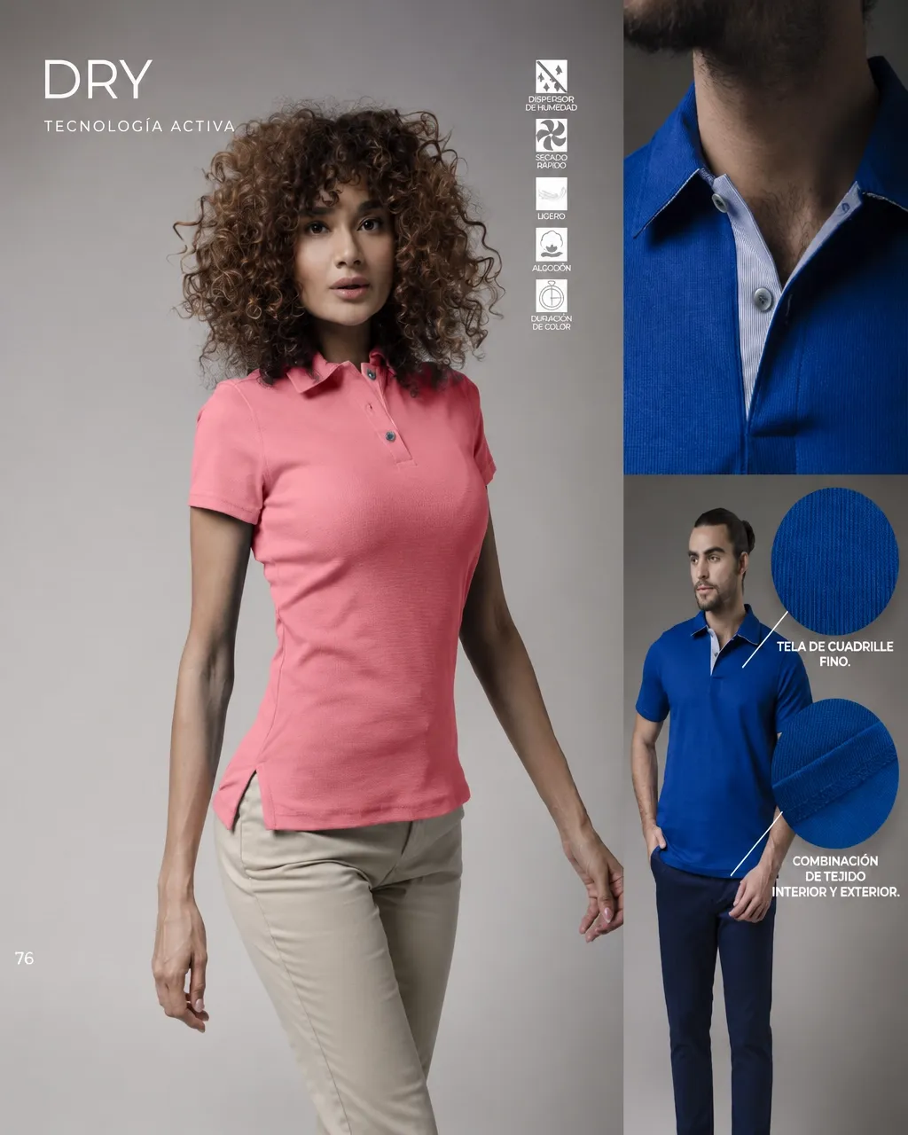 Playera Bibo Dry con modelos para dama y caballero, muestras de tela y detalles de la prenda