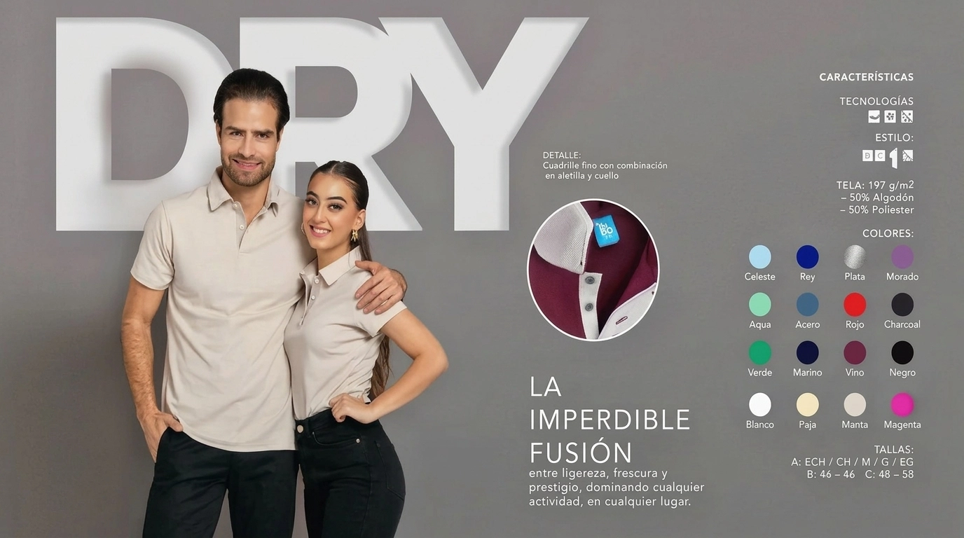 Playera polo Bibo Dry y sus características, con el color Plata en lugar de Mandarina