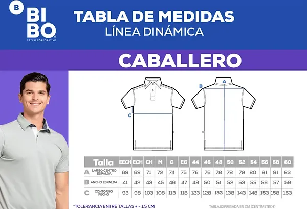 Tabla de medidas de playeras polo Bibo para caballero